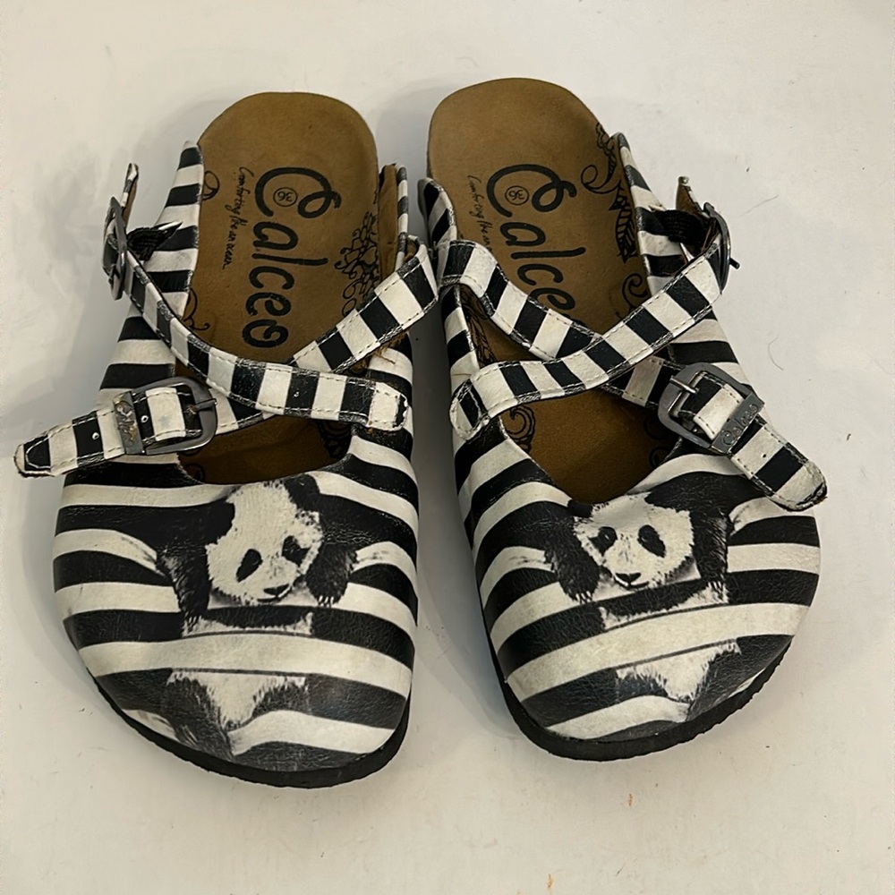 Calceo Black & White Striped Clogs with Panda’s Size 36